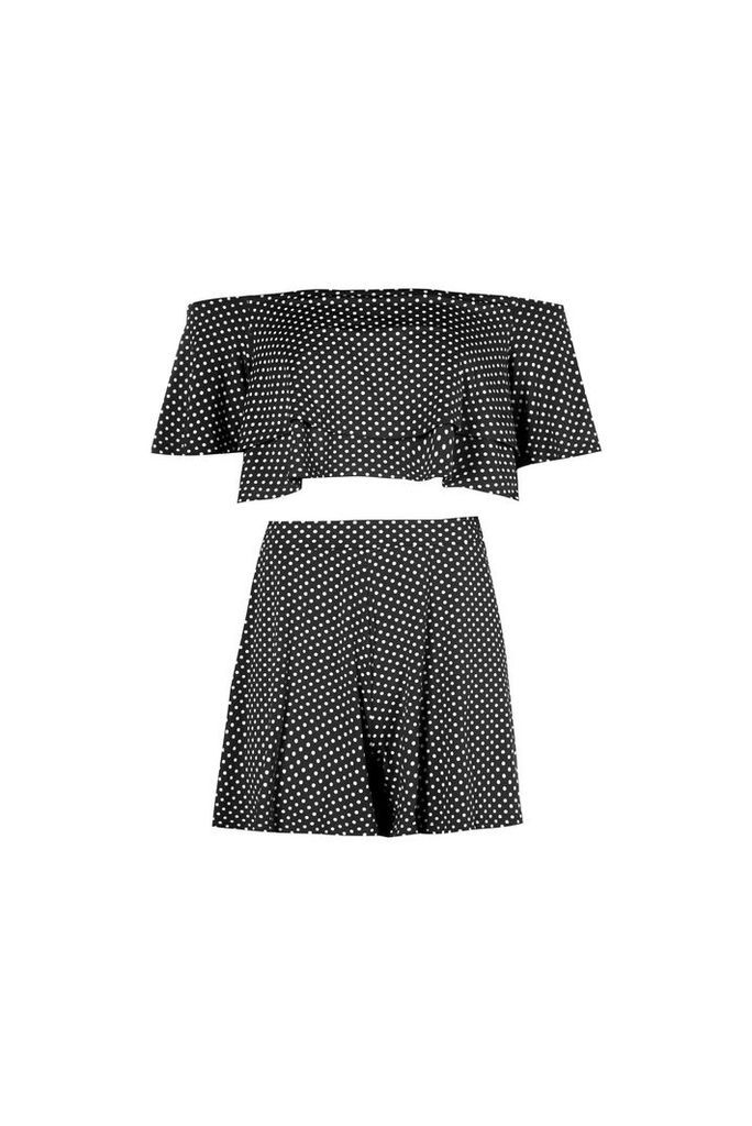 Womens Polka Dot Off Shoulder Crop & Short Co-Ord Set - Black - 12, Black