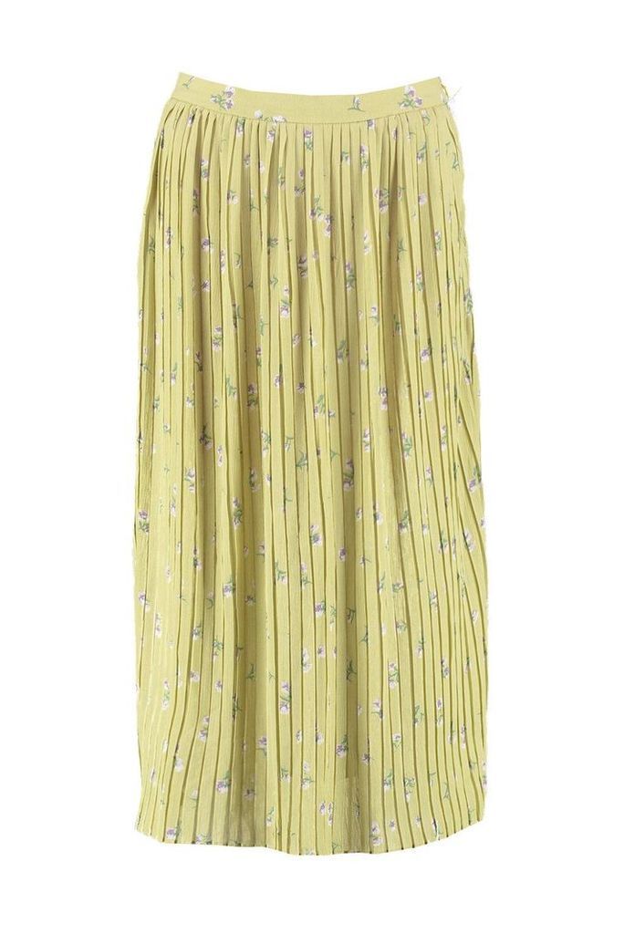Womens Woven Floral Pleated Midi Skater Skirt - yellow - 6, Yellow