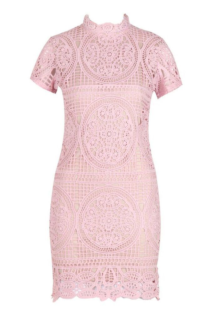 Womens Boutique Crochet Lace Bodycon Dress - Pink - 14, Pink