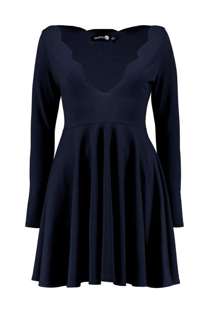 Womens Long Sleeved Scallop Plunge Skater Dress - Navy - 8, Navy