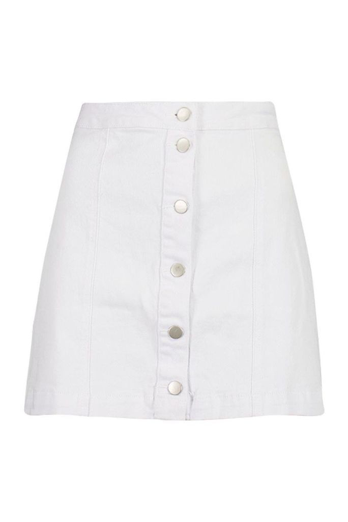 Womens Button Through Denim A Line Skirt - White - 12, White