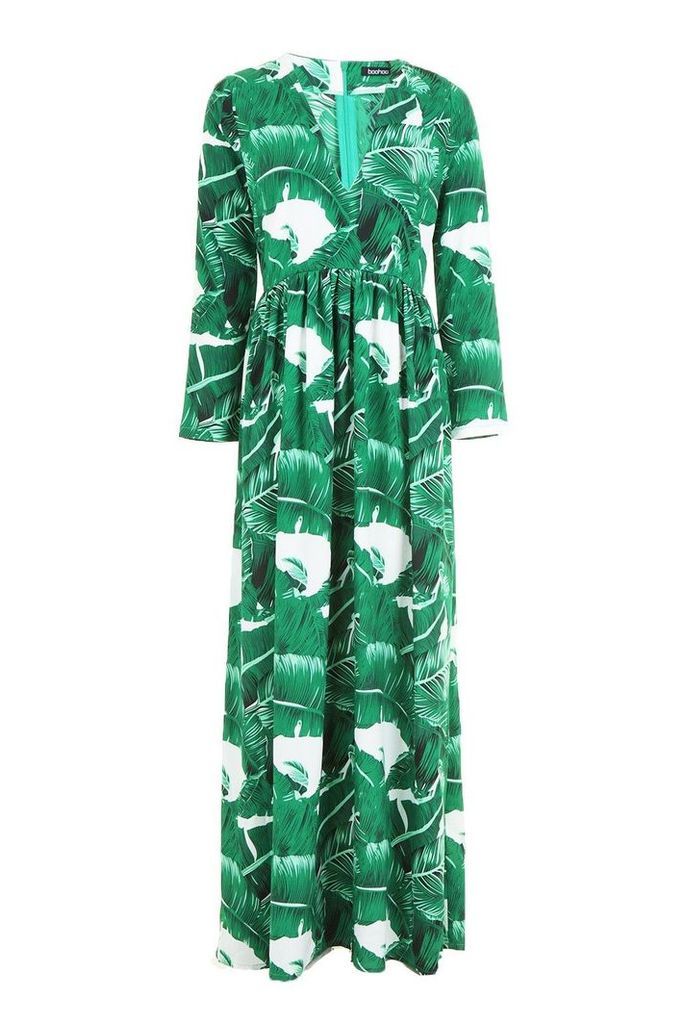 Womens Floor Sweeping Palm Print Maxi Dress - Green - 10, Green