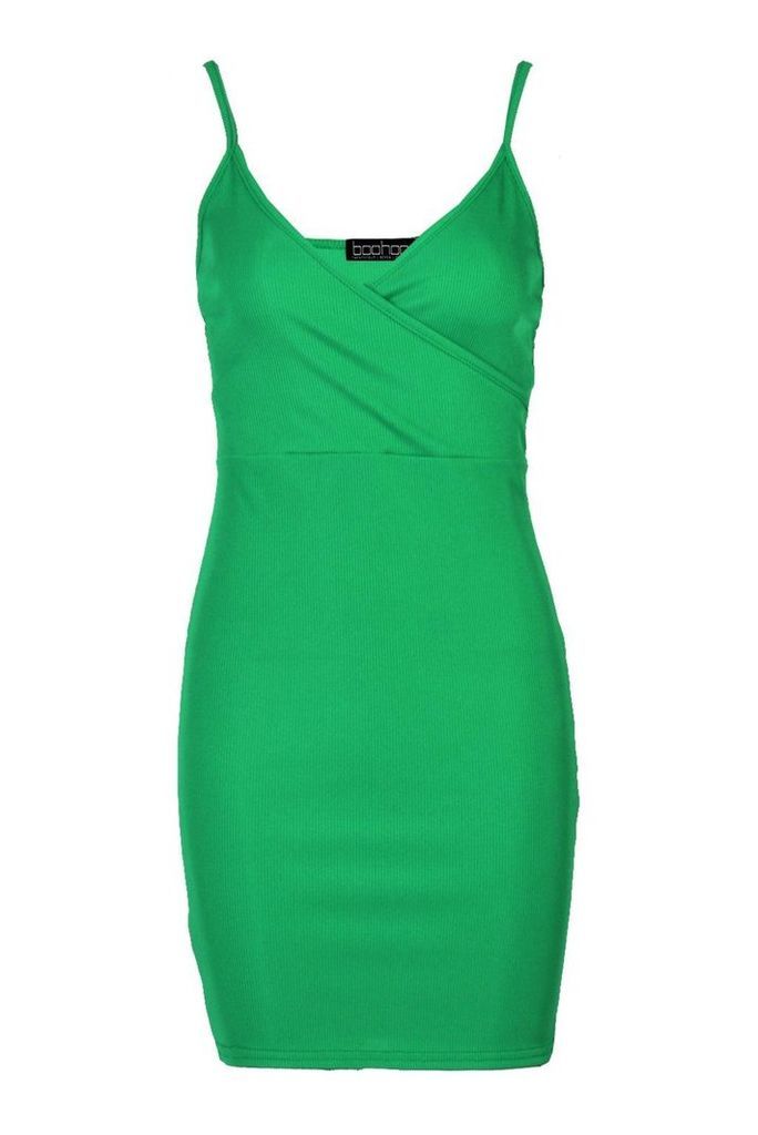 Womens Ribbed Strappy Wrap Front Bodycon Dress - Green - 10, Green