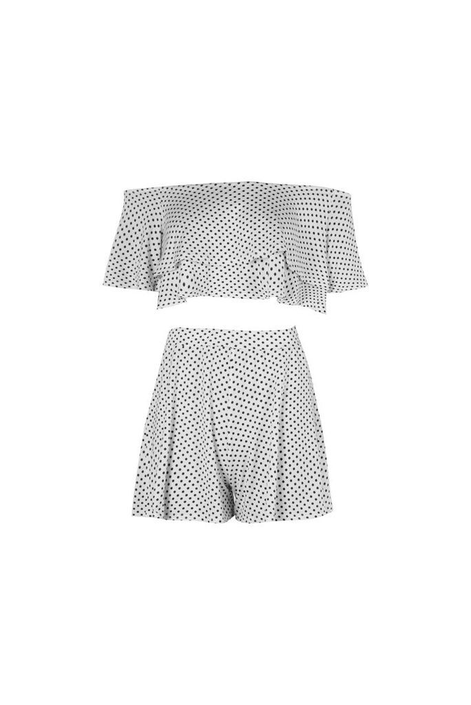 Womens Polka Dot Off Shoulder Crop & Short Co-Ord Set - White - 12, White