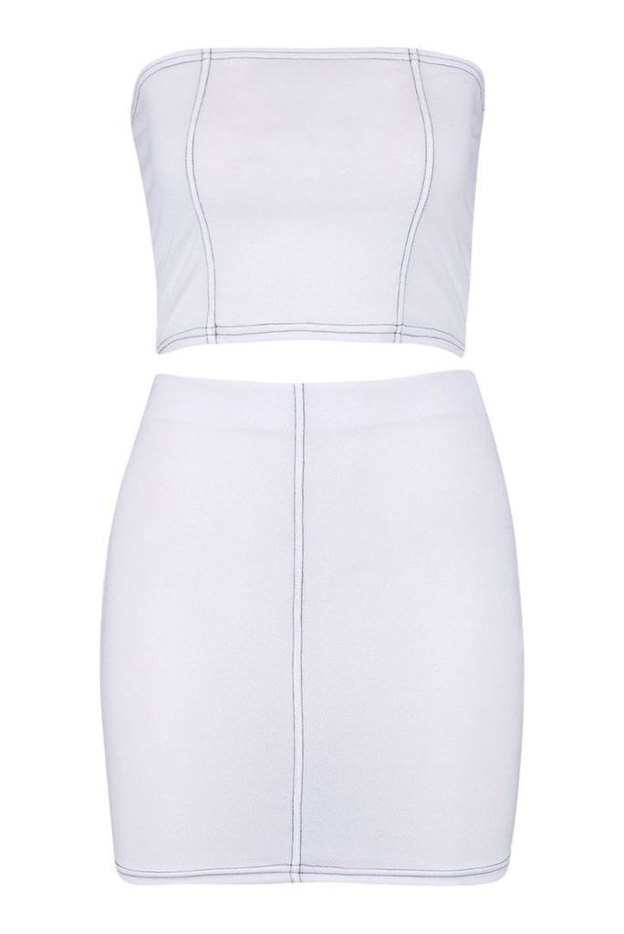 Womens Contrast Stitch Top and Skirt Co-ord - white - 14, White