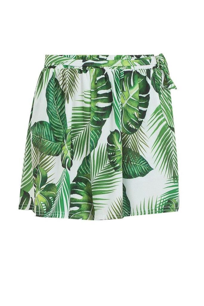 Womens Palm Print Tie Belt Shorts - green - 16, Green