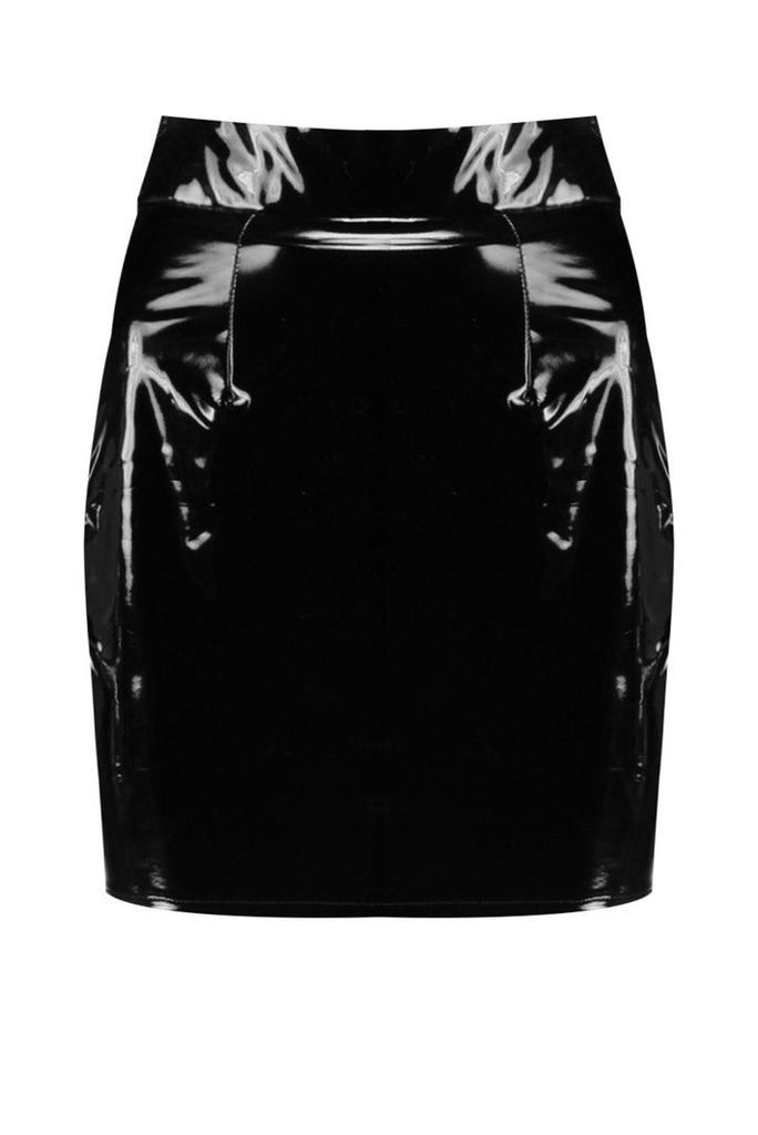 Womens High Waist Vinyl Mini Skirt - black - 10, Black