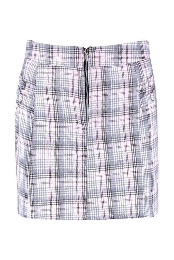Womens Buckle Detail Woven Check Mini Skirt - pastel pink - 14, Pastel Pink