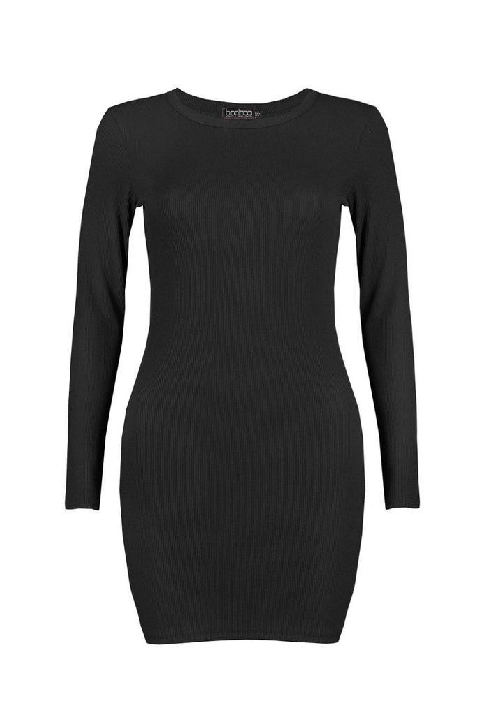 Womens Ribbed Basic Long Sleeve Bodycon Dress - Black - 16, Black