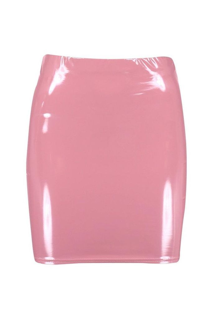 Womens High Waist Vinyl Mini Skirt - Beige - 14, Beige