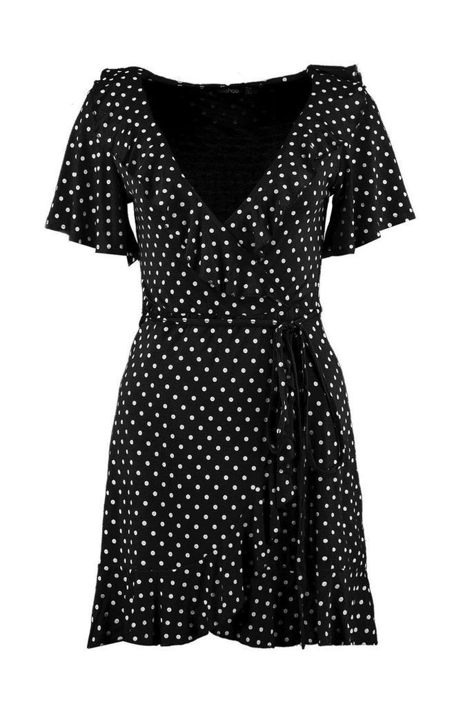 Womens Wrap Polka Dot Print Frill Detail Tea Dress - Black - 16, Black