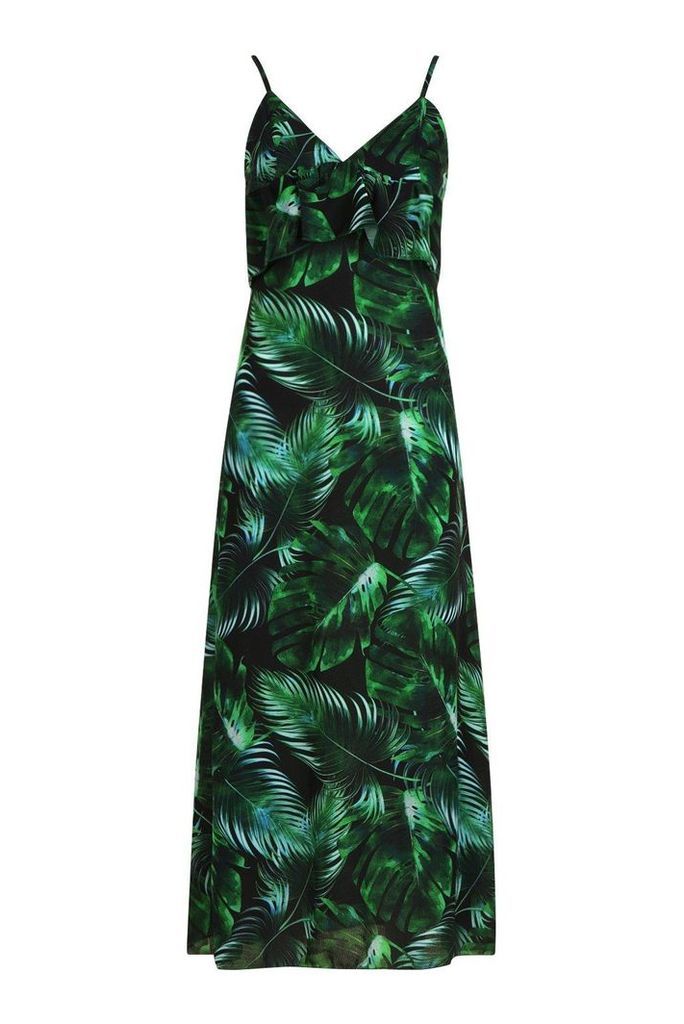 Womens Samantha Ruffle Palm Print Midaxi Dress - Black - 14, Black