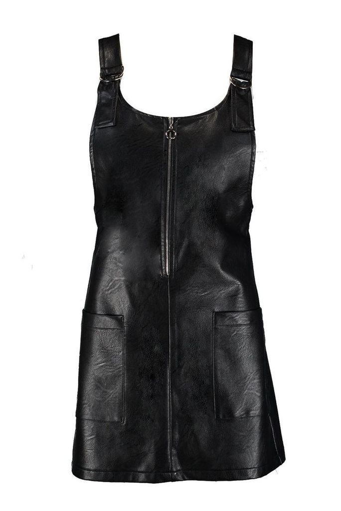 Womens Faux Leather Pocket Pinafore Dress - black - 10, Black