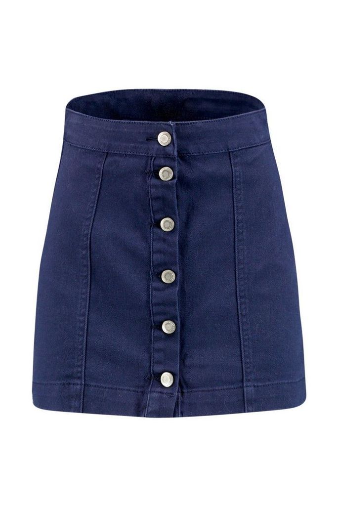 Womens Button Through Denim A Line Skirt - navy - 8, Navy