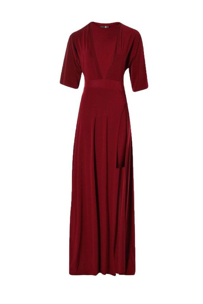 Womens Slinky Plunge Kimono Sleeve Maxi Dress - red - 10, Red