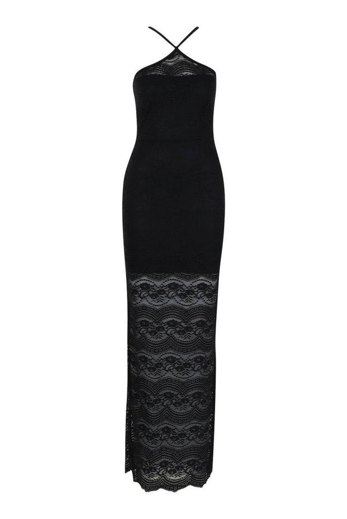 Womens Lace High Neck Off Shoulder Maxi Dress - black - 8, Black