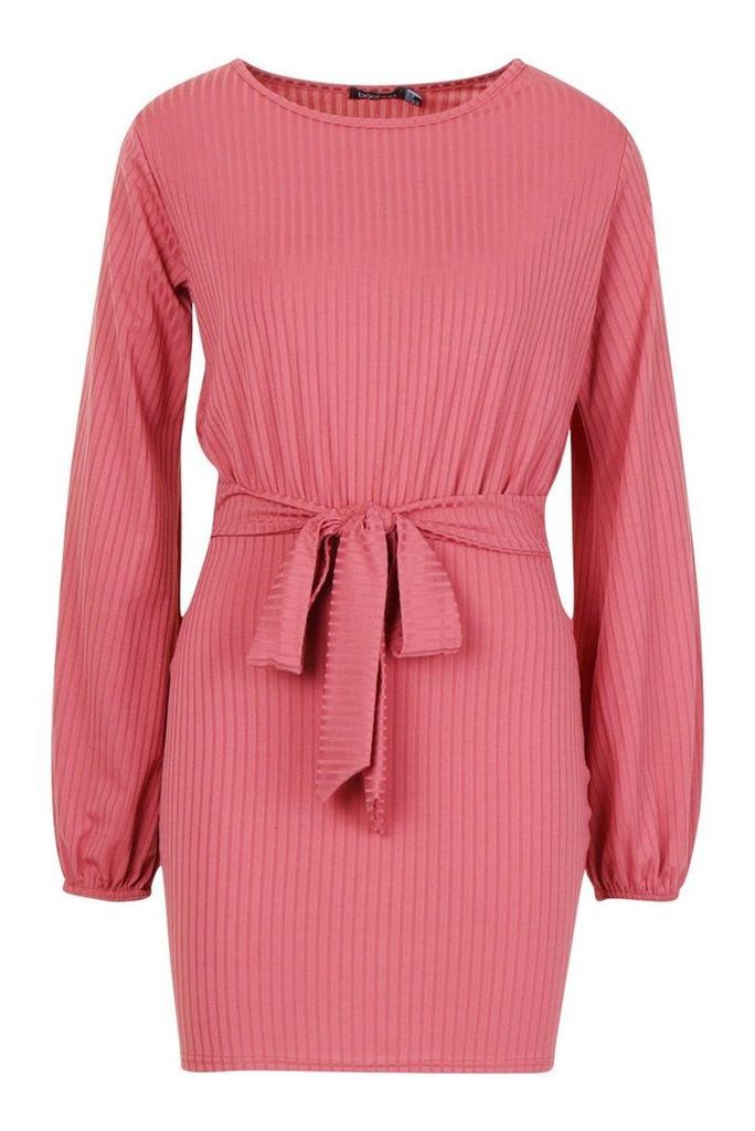 Womens Rib Tie Belt Bodycon Mini Dress - pink - 16, Pink