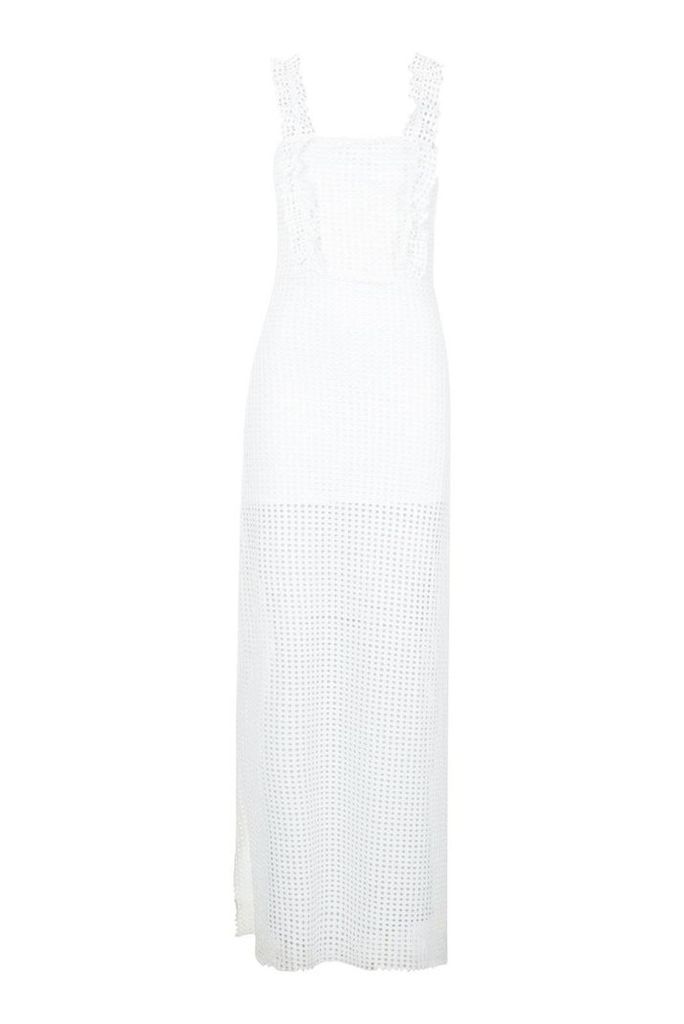 Womens Jersey Crochet High Split Maxi Dress - white - 6, White