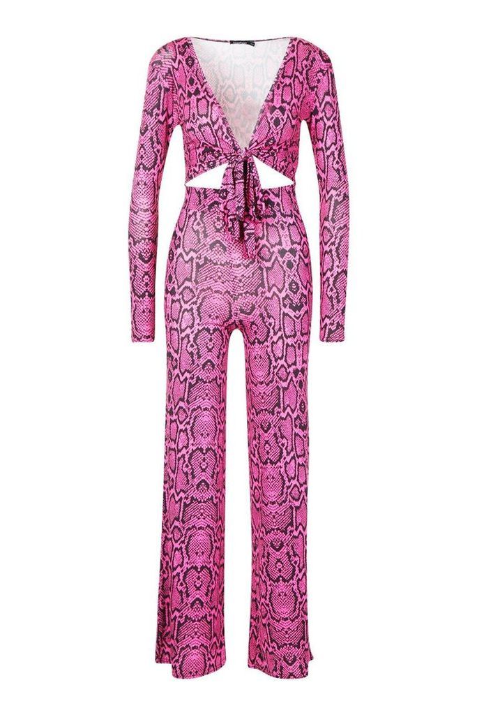 Womens Slinky Snake Print Knot Front Co-Ord Set - Pink - M/L, Pink
