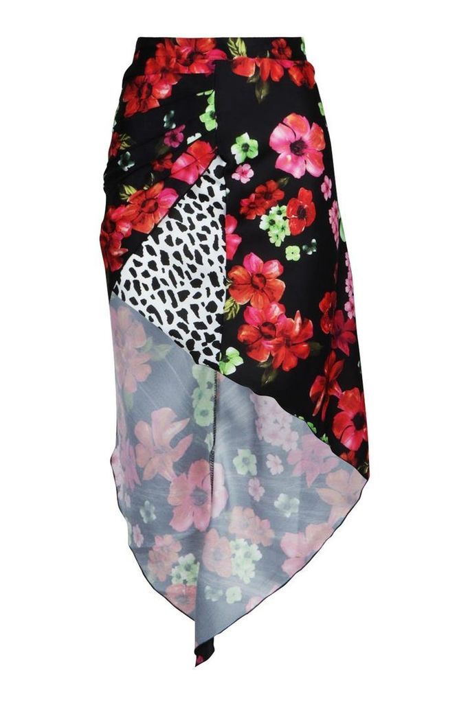 Womens Satin Mixed Floral Midi Skirt - black - 6, Black