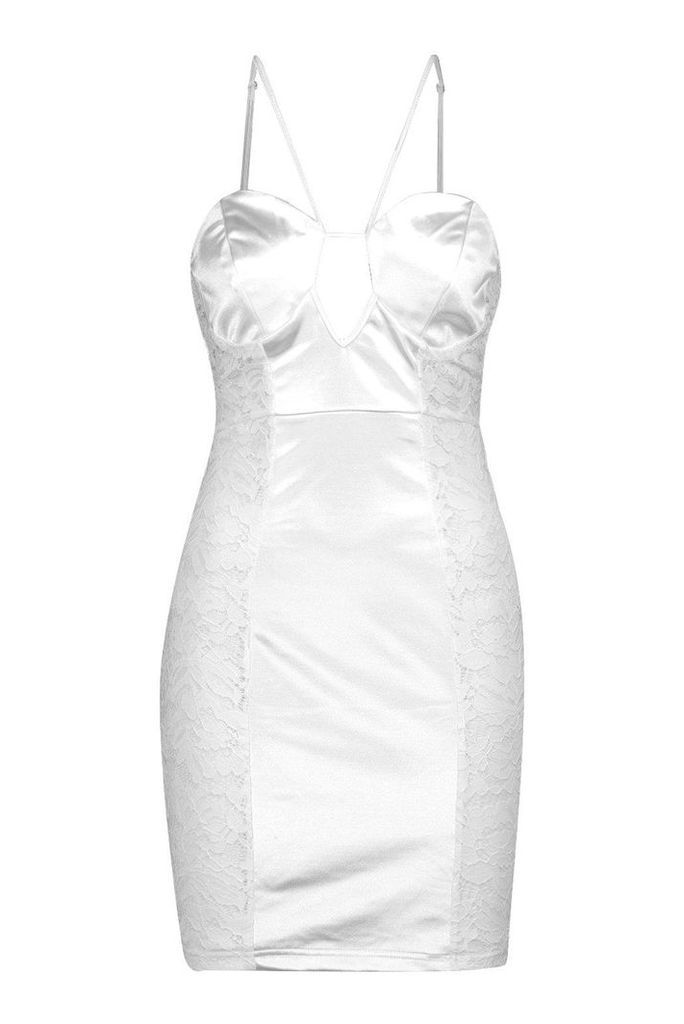 Womens Lace Satin Mini Halterneck Dress - white - 10, White