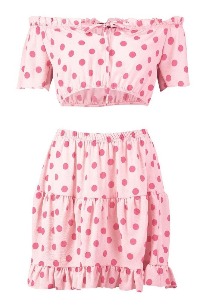 Womens Polka Dot Bardot Top & Ruffle Mini Skirt Co-Ord - Pink - 10, Pink