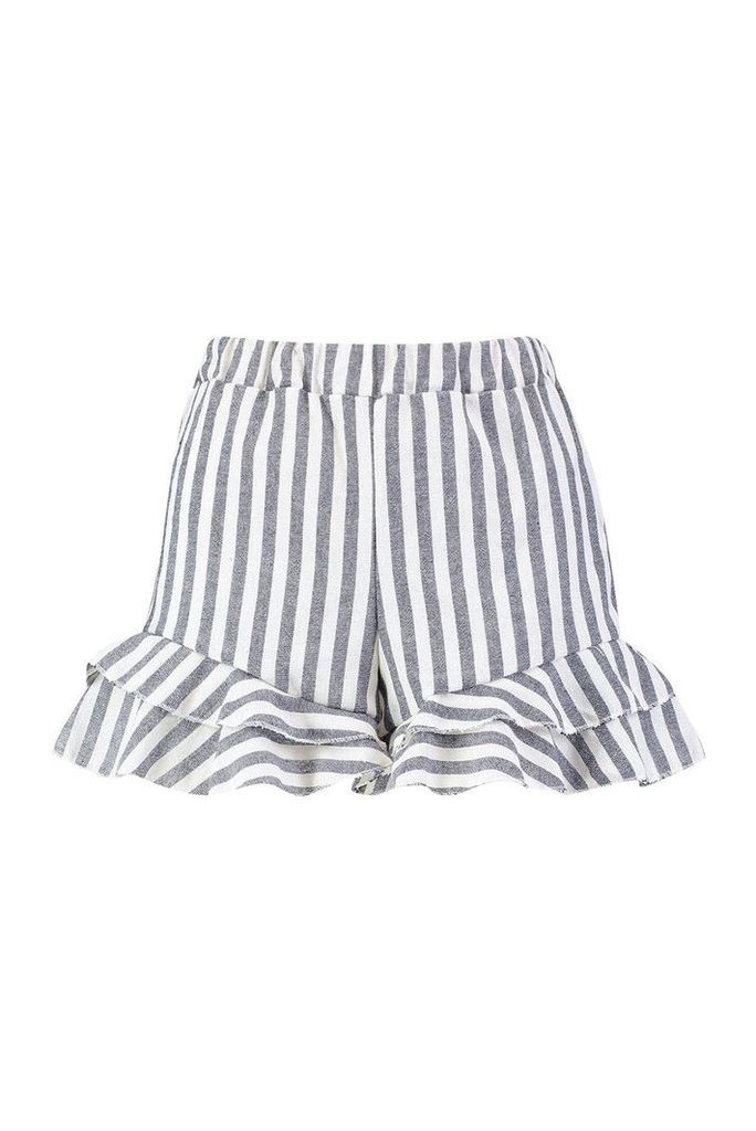 Womens Ruffle Hem Linen Stripe Shorts - blue - 12, Blue
