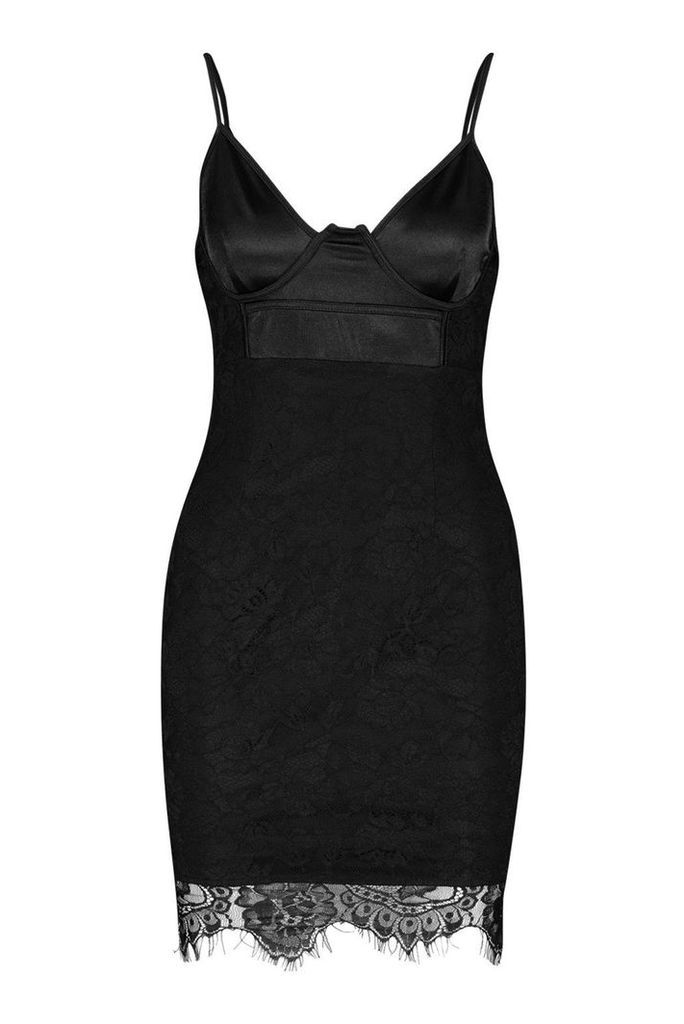 Womens Satin & Lace Bodycon Dress - black - 10, Black