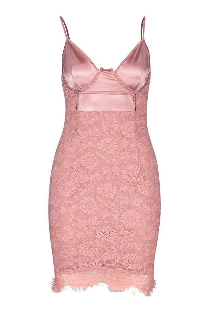 Womens Satin & Lace Bodycon Dress - pink - 6, Pink