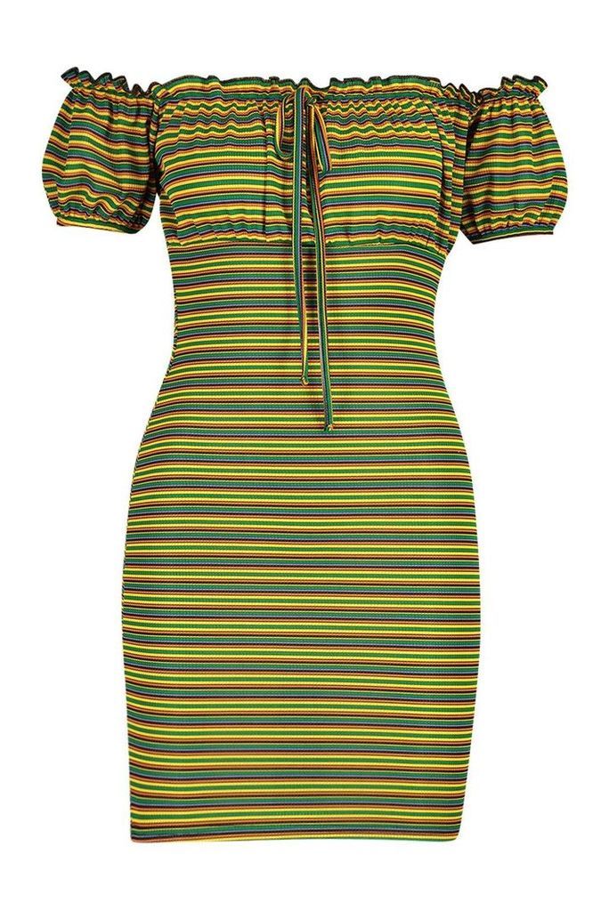 Womens Rib Stripe Bardot Peasant Mini Dress - yellow - 14, Yellow