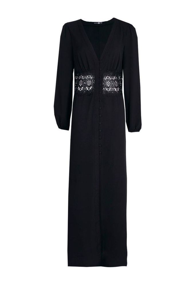 Womens Lace Waist Button Maxi Dress - Black - 16, Black