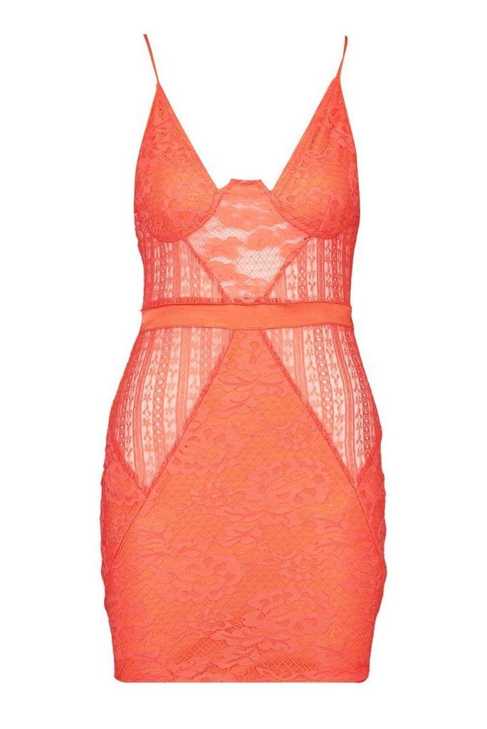 Womens Strappy Cupped Lace Bodycon Dress - orange - 14, Orange