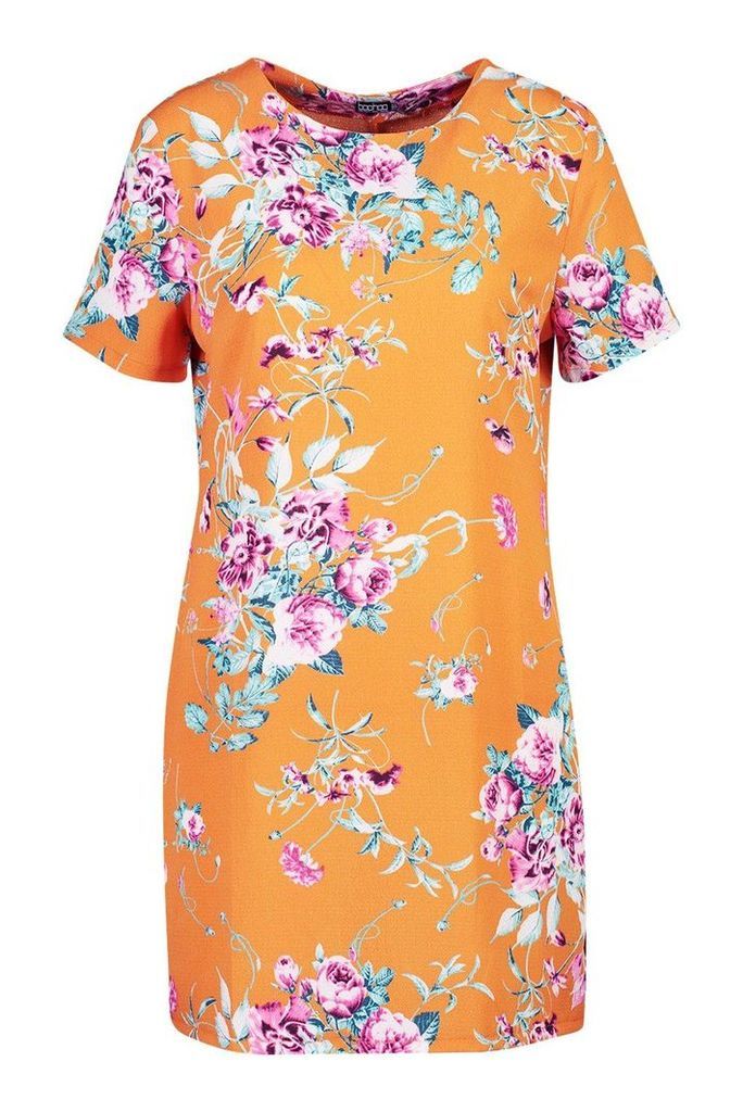 Womens Floral Print Short Sleeve Shift Dress - orange - 8, Orange