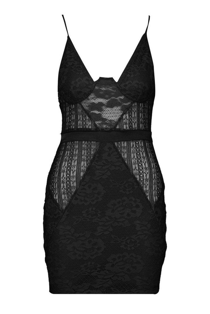 Womens Strappy Cupped Lace Bodycon Dress - black - 10, Black