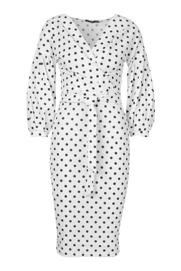 Womens Polka Dot Off Shoulder Wrap Midi Dress - white - 8, White