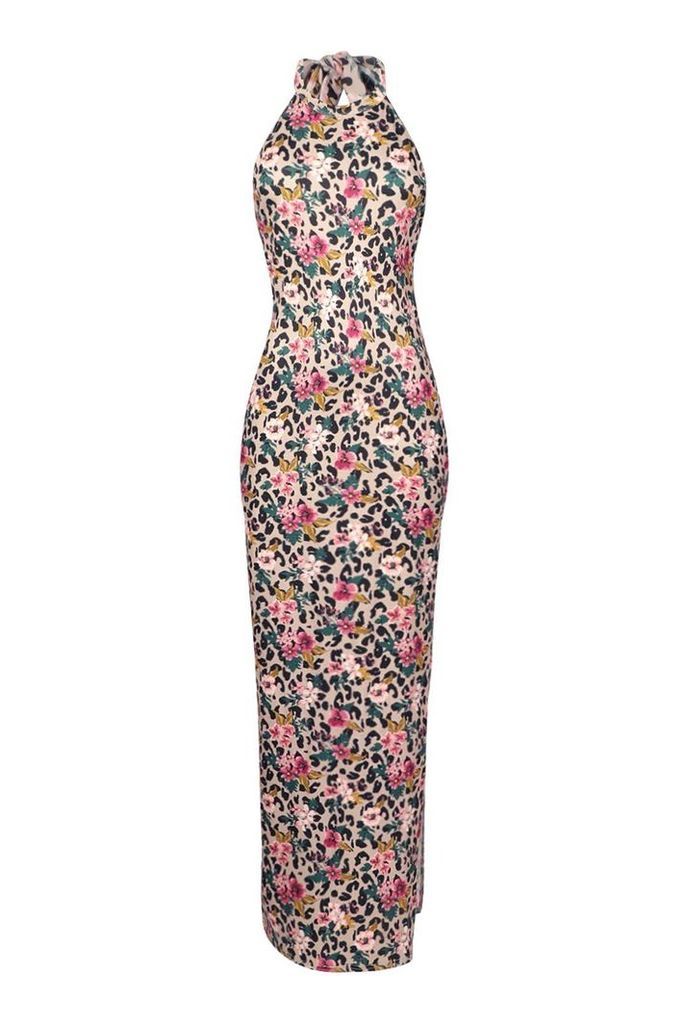 Womens Tie Neck Floral Animal Print Maxi Dress - beige - 14, Beige