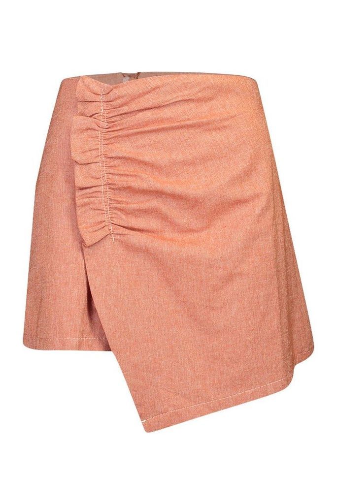Womens Ruched Detail Linen Skirt - orange - 14, Orange