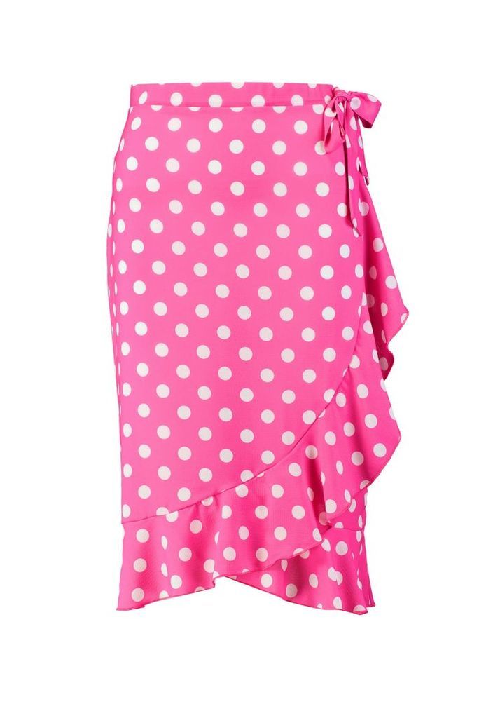 Womens Polka Dot Wrap Midi Skirt - Pink - 12, Pink