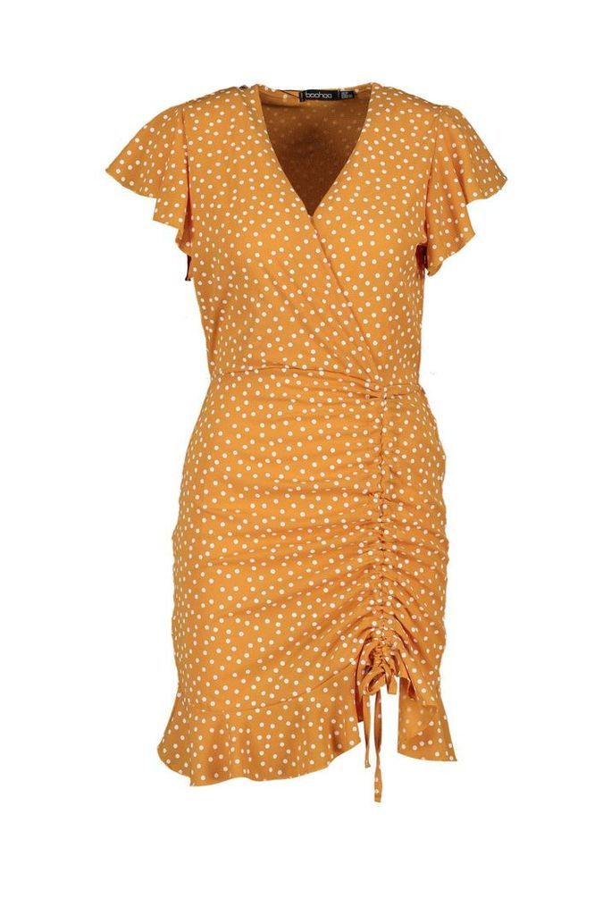 Womens Polka Dot Ruched Front Tea Dress - yellow - 12, Yellow