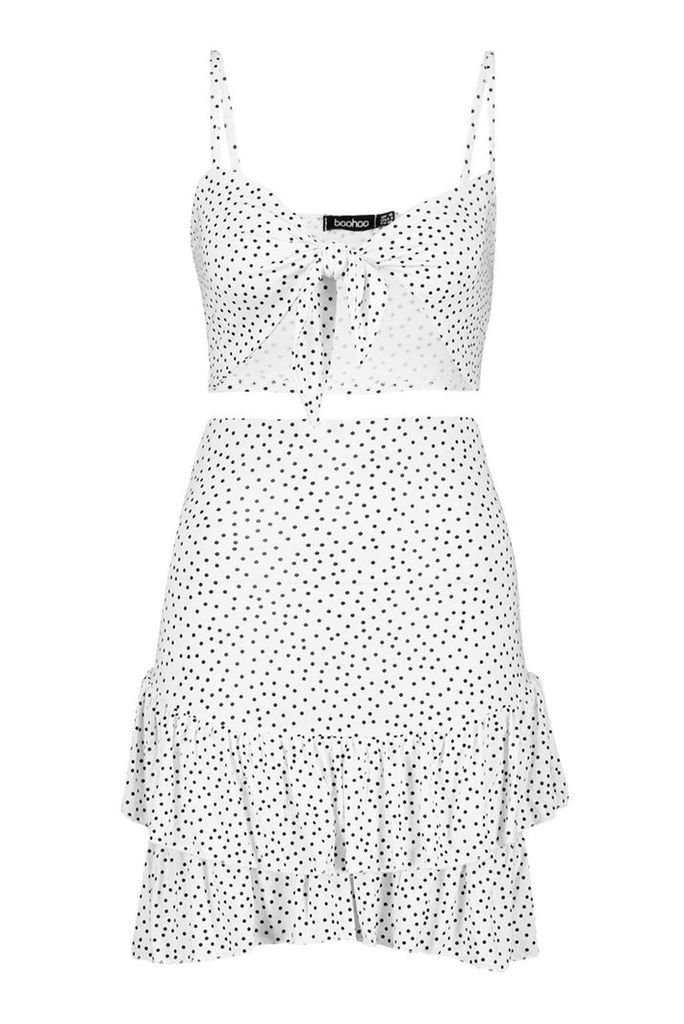Womens Polka Dot Tie Front Bralet & Ruffle Skirt Co-Ord - white - 14, White