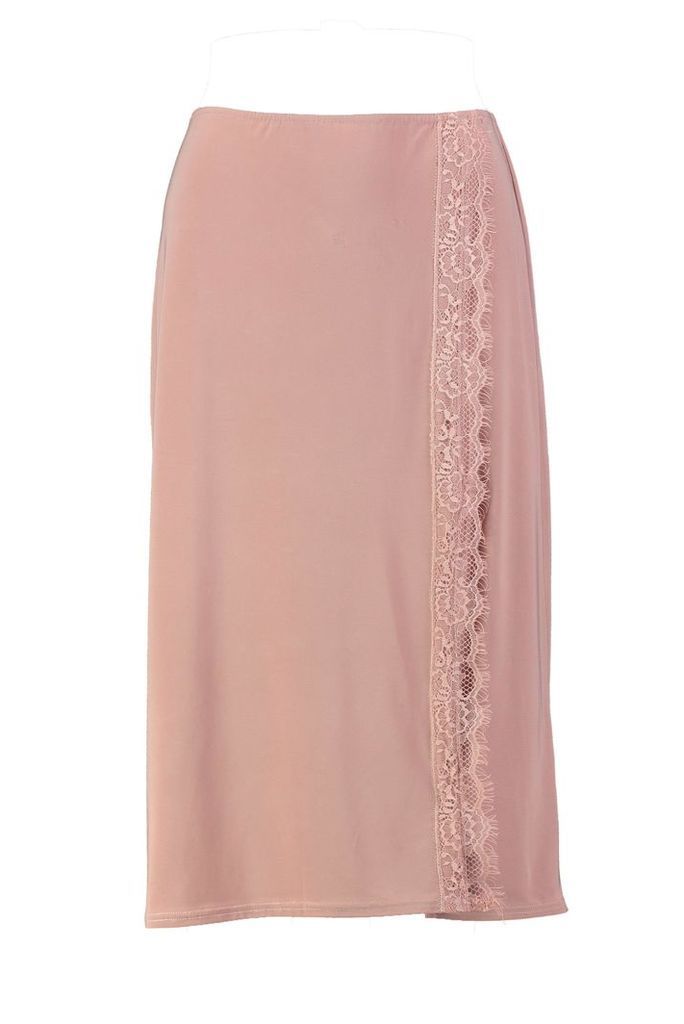 Womens Lace Trim Side Split Slip Midi Skirt - pink - 10, Pink