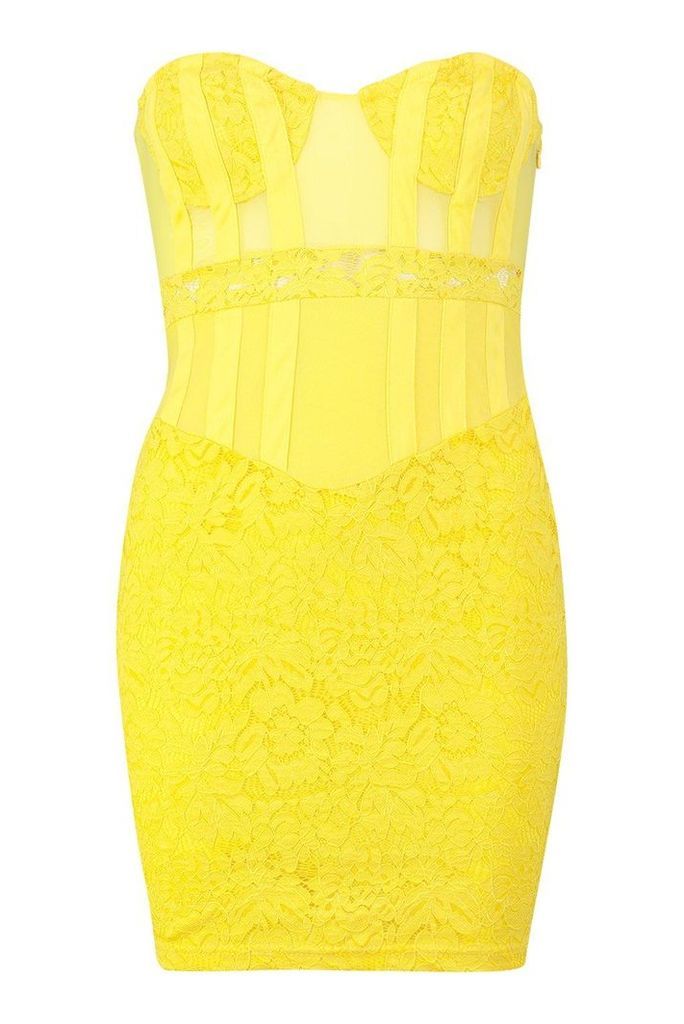 Womens Bandeau Cupped Mesh Lace Mini Dress - yellow - 12, Yellow