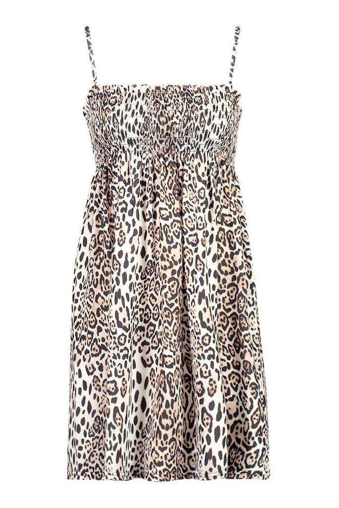 Womens Leopard Print Shirred Smock Dress - brown - 10, Brown