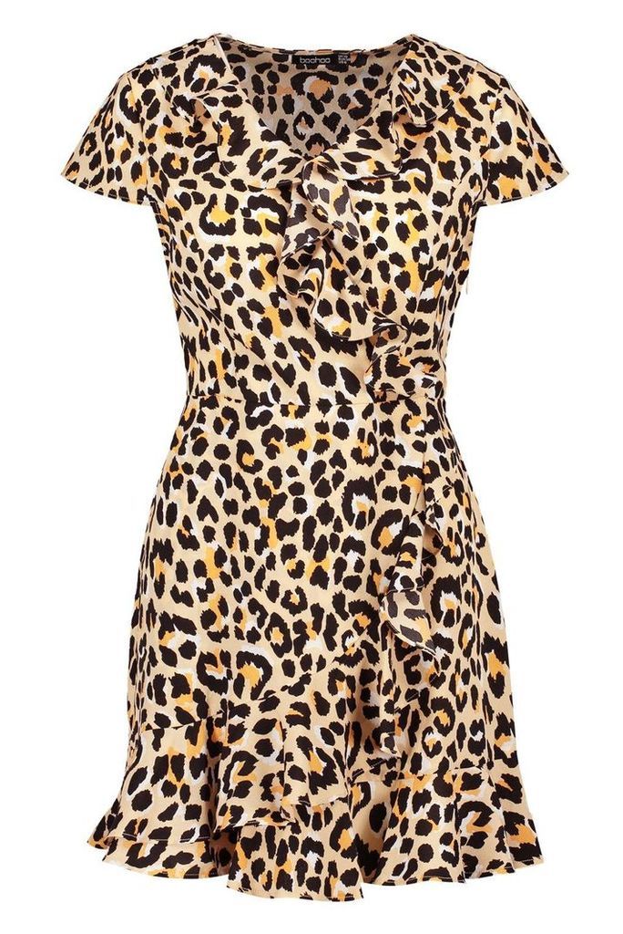 Womens Woven Leopard Neon Tea Dress - beige - 8, Beige