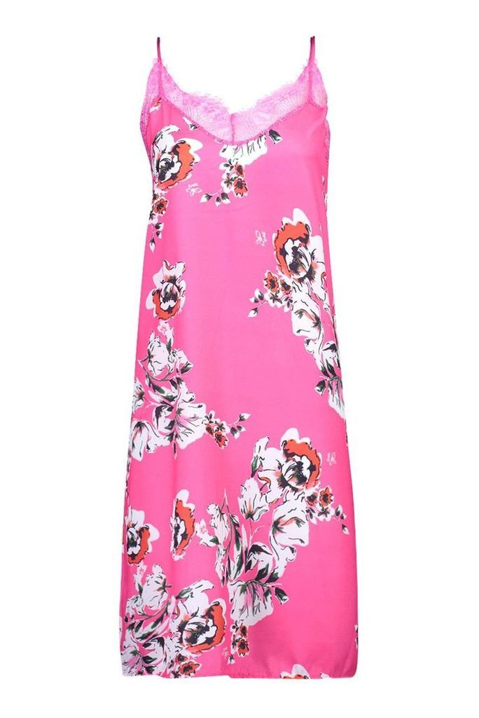 Womens Floral Print Lace Trim Slip Dress - Pink - 10, Pink