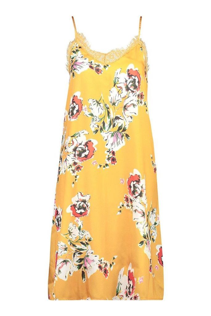 Womens Floral Print Lace Trim Slip Dress - yellow - 8, Yellow