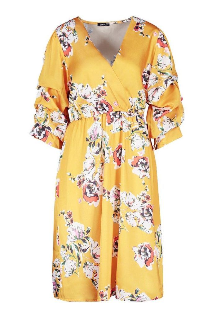 Womens Floral Print Puff Sleeve Belted Midi Skater Dress - yellow - 12, Yellow