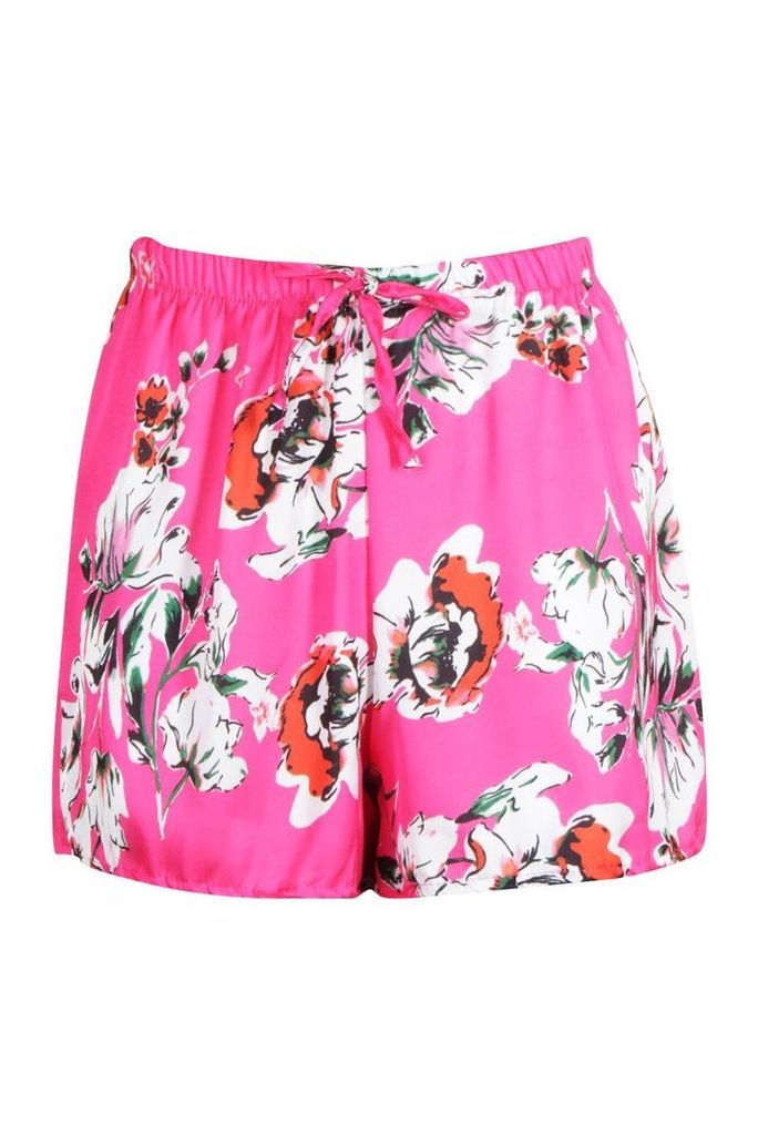 Womens Satin Floral Flippy Shorts - Pink - 14, Pink