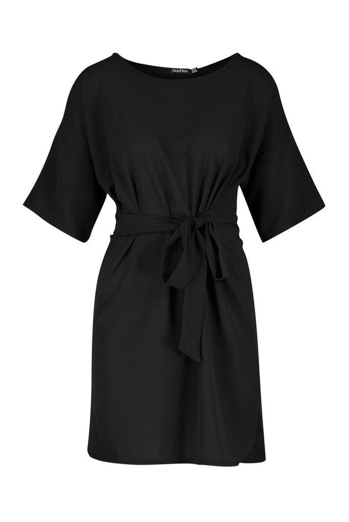Womens Tie Short Sleeve Shift Dress - black - 8, Black
