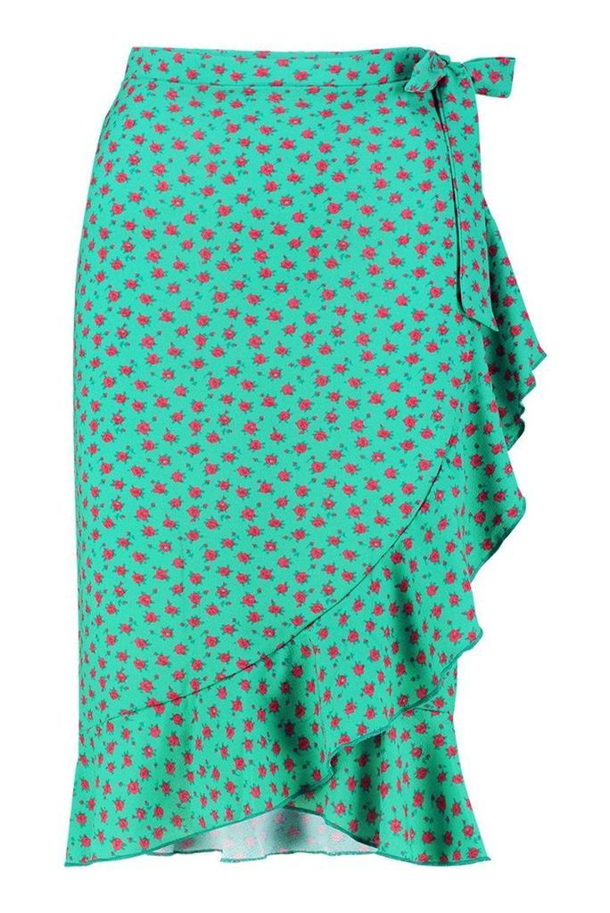 Womens Ditsy Floral Wrap Midi Skirt - green - 16, Green